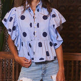 MQTIME  -  Women Button Pleated Lapel Collared Shirt Y2k Polkadot Print Short Flutter Sleeve Crop Top Ruffle Hem Babydoll Blouse