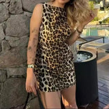 MQTIME  -  Women Leopard Print Sexy Mini Dress 2024 Summer Fashion Holiday Party Skirt Vintage Sleeveless Zipper Folds Slim Mini Dress