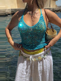 MQTIME  -  Women Sequin Halter Top Sexy Sleeveless Deep V Neck Glitter Tank Top Sparkle Backless Crop Top Summer Streetwear 2025