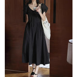 MQTIME  -  French Bubble Sleeve v-Neck Dress Fairy Dress Slimming Party Style Club Style Casual Dress Long Dress