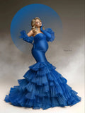 MQTIME  -  Royal Blue Mermaid Maternity Robes for Photography Tiered Ruffles Pregnant Women Gown Babyshower Dress Customized