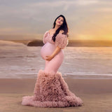 MQTIME  -  Women Dresses Stretchy Elegant Pink Mermaid Maternity Dress Half Sleeves Tulle Layered Maternity Gowns Off Shoulder