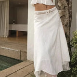  MQTIME  -  Vacation Mesh Lace Skirt Long Hollow Summer Tie Waist New Design White