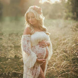 MQTIME  -  Maternity Photography Maxi Dress For Photo Shooting Slit Open Slash Neck Flower Lace Pregnancy Photo Shoot Long Lace Dress