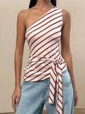 MQTIME  -  Women s Striped One Shoulder Tank Top with Tie-Up Waist and Sleeveless Design - Chic Streetwear Aesthetic Vest for Casual Wear