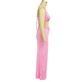 MQTIME  -  Women 2 Piece Set Summer Clothes Fashion Solid Sleeveless Halter Neck Lace Up Backless High Waist Top Loose Pants Sets