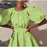 MQTIME  -  Green Puff Sleeve Elegant Woman Summer Shirt Dresses Female Zipper Fashion Spring Vintage Sexy Backless Casual Vestido  New