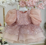 MQTIME  -  Pink Lovely Flower Girl Dresses for Wedding Bow Sequins Knee Length Child Birthday Party Bow First Communion Gowns
