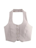 MQTIME  -  Women Fashion Solid Vest Pant Suit Single Breasted Halter Cropped Vests Top High Waist Patchwork Trouser Office Lady Sets