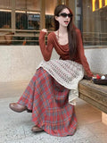 MQTIME  -  Vintage Autumn Bohemian Two Piece Sets Women's Red Elegant Long Sleeve Halter Pleated Tops And Plaid Patchwork A-line Long Skirt