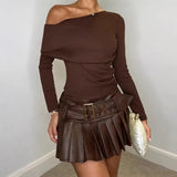 MQTIME  -  Grommet Belt PU Leather Mini Pleated Skirts Women Fashion Y2K High Waist Slim A-line Short Skirts Casual Streetwear Bottoms
