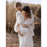  MQTIME  -  Boho Cotton Maternity Photo Shoot Dress Beige Bohemian Lace Stiches Cotton Pregnant Woman Photography Long Dresses