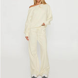  MQTIME  -  Women Lounge 2 Pieces Outfits Solid Color Off the Shoulder Long Sleeve Loose Fit Sweatshirt Tops and Wide Leg Pants Matching Set