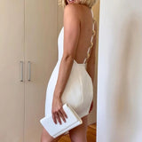 MQTIME  -  Trendy Design Style Backless Short Dress Sexy Sleeveless Solid Color Halter Dress High Street Single Breasted Off Shoulder Dress