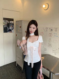 MQTIME  - Lace-Up Neck Tie Ribbon Bow Slim T-Shirt Summer Women Skinny Elegant T Shirts Top#korean y2k cloth e-girl fairycore 2000s grunge