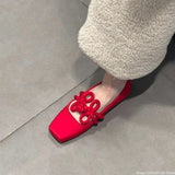 MQTIME  -  Ethnic Style Women Red Satin Mary Jane Shoes Fashion Shallow Square Toe Shoes Spring Autumn Soft Sole Ballet Shoes