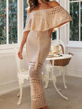 MQTIME  -  Elegant Hollow Out Dress Women's Summer Dress Short Sleeve Off Shoulder Knit Pattern  Tie Up Summer Dress