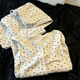 MQTIME  -   Pajama Set Autumn Korean Style Heart Bow Print Long Sleeve Cute Loungewear Ruffle Trim Button Up Home Sleepwear Korean Style