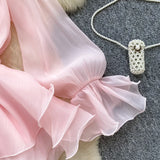 MQTIME  -  Summer New 3D Floral Beach Short Dress Female Long Sleeves Lace Up Ruffle Chiffon Cake Sundress Sheer Sexy Bohemian Vestidos
