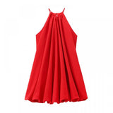 MQTIME  -  Women Summer Round Neck Short Dress Casual Red Pullover Balloon Style Dress Fashion Sleeveless Strapless Holiday Party Skirt