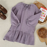 MQTIME  -  Girls Double-Layer Crepe Cotton Dress V-Neck Lace-Up Long-Sleeved Casual Loose Ruffled Chic Autumn Children's Clothing