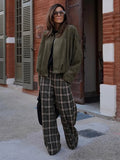  MQTIME  -  Fashion Grid Printed Long Pants For Women Elegant High Waist Wide Leg Trousers 2026 Spring New Street Lady Casual Baggy Pants