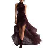 MQTIME  -  Seasonal Hot Selling Velvet High Neck Sleeveless Slim Fit Irregular Hem Chiffon Trailing Dress