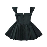 MQTIME  -  New Square Collar Cuffed Dress with Waist cinching and slimming A-line Short Skirt