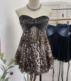 MQTIME  -  Y2k Lace-up Bandage Leopard Patchwork Sheer A-LINE Sleeveless Strapless Vest