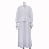 MQTIME  -  Design Ruffled Loose Dress Women's V-neck Tie Bell Sleeve White Commuter Long Dress