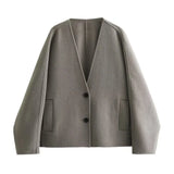 Mqtime Fashion Woolen Coat and Jackets Women Autumn and Winter New Woolen Single-sided Wool Jacket V-Neck Single-breasted Tops