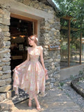 MQTIME  -  Elegant Seaside Vacation Floral Printed Dress Summer Off Shoulder Women Camisole Dress Slim Casual Ruffles Fairy Dress