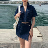 MQTIME  -  High Street Lapel V Collar Blouse&Mini Skirt Denim Suit 2YK Style Short Sleeve Denim Two Piece 2025 Women Fashion Dresses Set