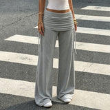  MQTIME  -  Women's Folds Waisted Wide Leg Pants Casual Ruched Drawstring Side Flowy Straight Trousers Streetwear Fashion Y2K Loose Fit New