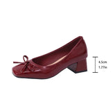 MQTIME  -  Elegant Ballet Wine Red Bowknot Medium Heel Pumps Women Summer Classic Square Toe Thick Heel Pumps Women Black Office Shoes