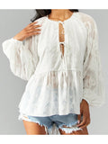 MQTIME  -  Elegant Women s Embroidered Blouse with Floral Detailing Stylish Casual Tie-Front Top with Loose Fit and Long Sleeves