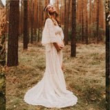  MQTIME  -  Bohemian Photo Shooting Pregnancy Dress Cotton Thread Lace Embroidery Transparent Mesh Elegant V-neck Long Sleeved Dress For Wom