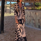 MQTIME  -  Women Retro Geometric Holiday Summer Dress Elegant Tie-up V-Neck Loose Female Party Dress 2025 Half Sleeve Long Dress Mujer