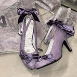 MQTIME  -  New Strap Sweet Bow Thin Heel Lolita High Heels Pumps Women Elegant Silk Shallow Mouth Round Head Single Shoes for Cosplay