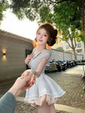 MQTIME  -  Coquette Sweet Kawaii Peter Pan Collar Apron Dress Set Women Lace Bow Ruffle Hem Ruched Waist Slim Fit Mini Dress Casual Outfit
