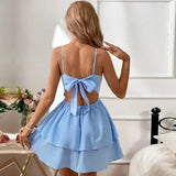 MQTIME  - 2024 Spring/Summer Fashion Open Back Bow Tie Lace Sexy Hanging Strap Solid Color Casual Elegant Women's Wear Mini Dress YSQ05