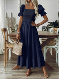 MQTIME  -  Elegant Plus Size Women's Solid Color Waist Cinching Slimming Dress Summer Loose Fit Long Sleeve Maxi Dress Stylish Casual Wear