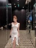 MQTIME  -  Woman Dress Elegant Bowknot Irregular Ruffles V Neck Sleeveless Splir Slim Mermaid Dresses Party Cocktail Temperament