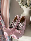 Mqtime Silk Square Toe Women High Heel Shoes Sexy Lace Up Fashion Women Pumps Lolita Kawaii Sweet Shoes Elegant Design