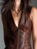 MQTIME  -  Leisure Hollow Out Commute Dress Vintage PU Leather Sleeveless Slim Mini Dress Sexy V-neck Backless High Waist Party Short Dress
