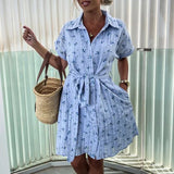 MQTIME  -  Casual Lapel Lace Up Summer Dress 2024 Fashion Short Sleeved Pocket Party Dress Office Ladies Elegant Floral Print A-line Dress