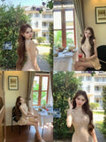 MQTIME  -  French Elegant Coquette Lace Trim Spaghetti Strap Dress Women Ruffle Hem Bodycon Ruched Waist Slim Fit Mini Dress Elegant Outfit