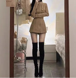 MQTIME  -  Suede Suit, Women's Autumn and Winter Waist Slim Fit, Hot Girl High-end Stand-up Collar Jacket, Thin Shorts Two-piece Set