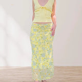 MQTIME  -  Women Holiday Outfits Fairycore Florals Print Lace-up A-line Skirts Y2K Aesthetic Slim Mesh Skirt Chic Beachwear Bottoms