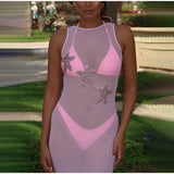 MQTIME  -  3d Starfish See Through Beach Long Dress Women Slim O-neck Sleeveless Backless Lace Up Dresses 2025 Summer Mesh Holiday Robes
